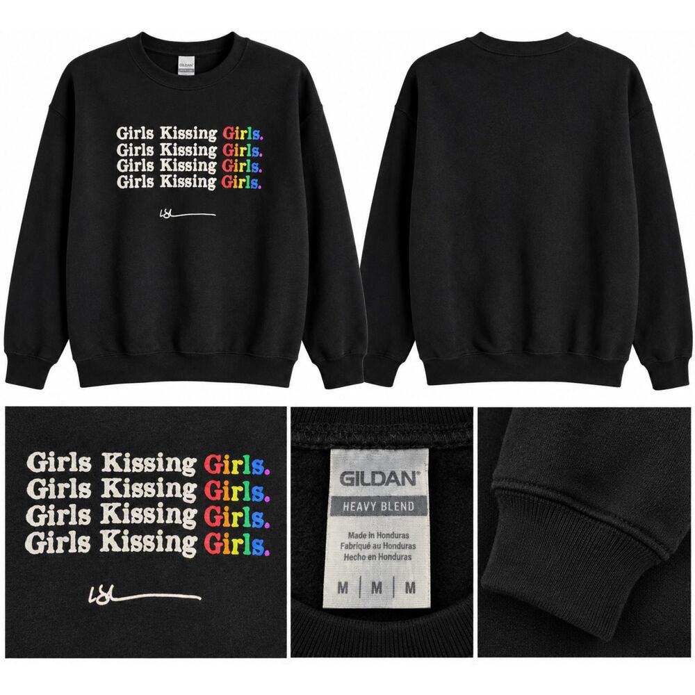 Gildan Girls Kissing Girls Sweatshirt Black Rainbow Pride Graphic Pullover
